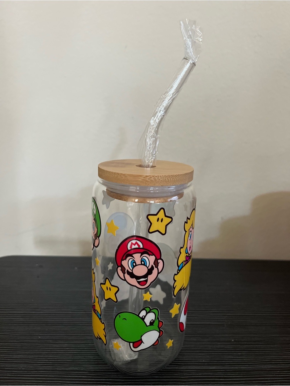 Super Mario Character Drinking Jar with Straw - Clear Glass